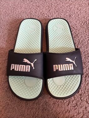 Puma Black Slides with Mint Green Footbed